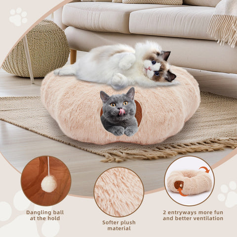 Cat Tunnel With Cat Bed For Indoor, Soft Plush Peekaboo Cat Cave Donut Tunnel, For Cats Kittens, Rabbit
