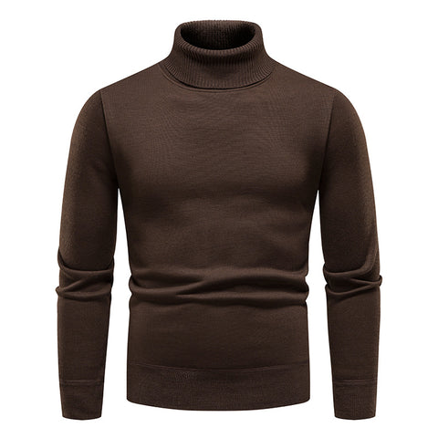 Men's Turtleneck Pullover Sweater Fashion Solid Color Fleece Lined Knitted Long-sleeved Top Clothing